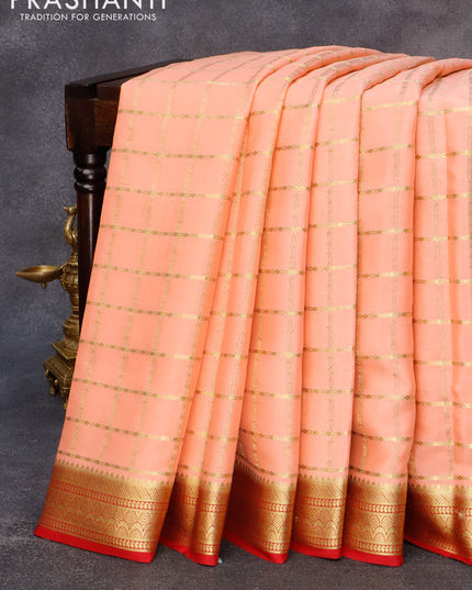Pure mysore silk saree peach orange and red with allover zari checked pattern and zari woven border