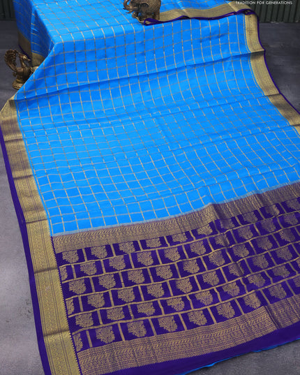 Pure mysore silk saree cs blue and blue with allover zari checked pattern and zari woven border