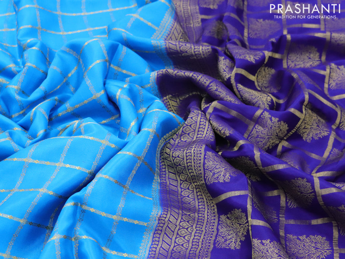 Pure mysore silk saree cs blue and blue with allover zari checked pattern and zari woven border
