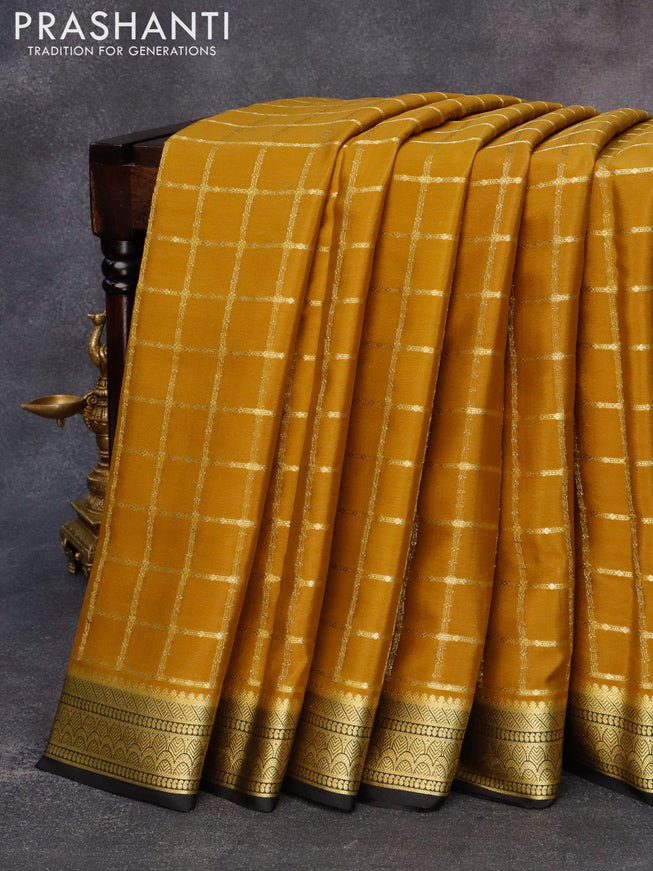 Pure mysore silk saree dark mustard and black with allover zari checked pattern and zari woven border