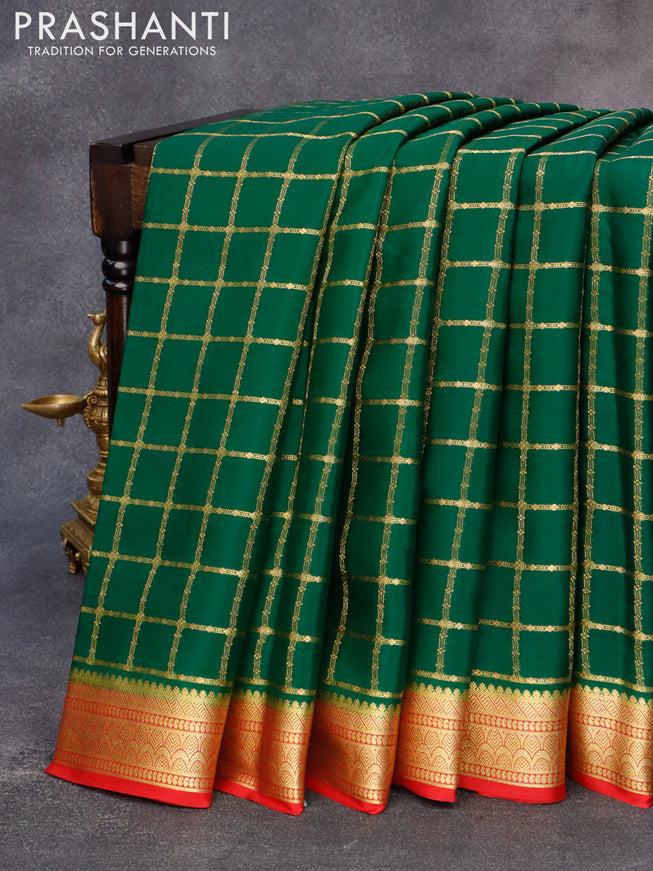 Pure mysore silk saree dark green and red with allover zari checked pattern and zari woven border