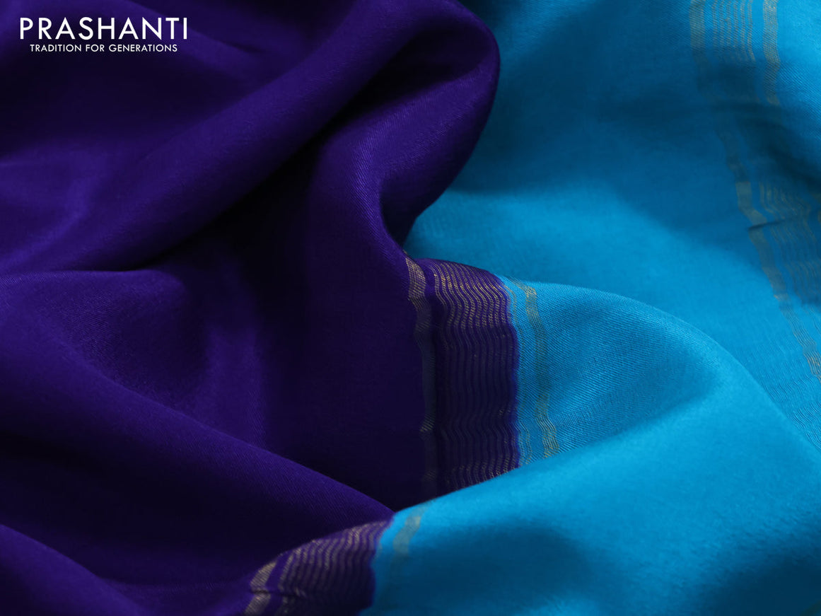 Pure mysore silk saree dark blue and teal blue with plain body and zari woven border