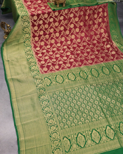Pure mysore silk saree maroon and green with allover floral zari weaves and long floral zari woven border