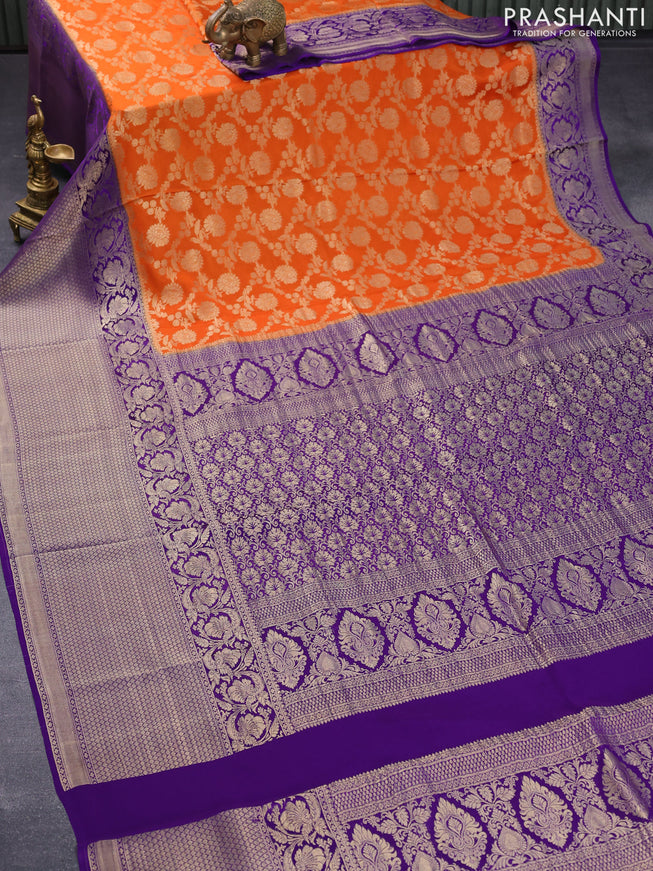 Pure mysore silk saree orange and violet with allover floral zari weaves and long floral zari woven border