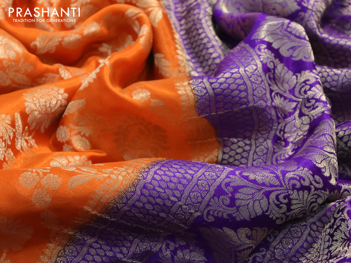 Pure mysore silk saree orange and violet with allover floral zari weaves and long floral zari woven border
