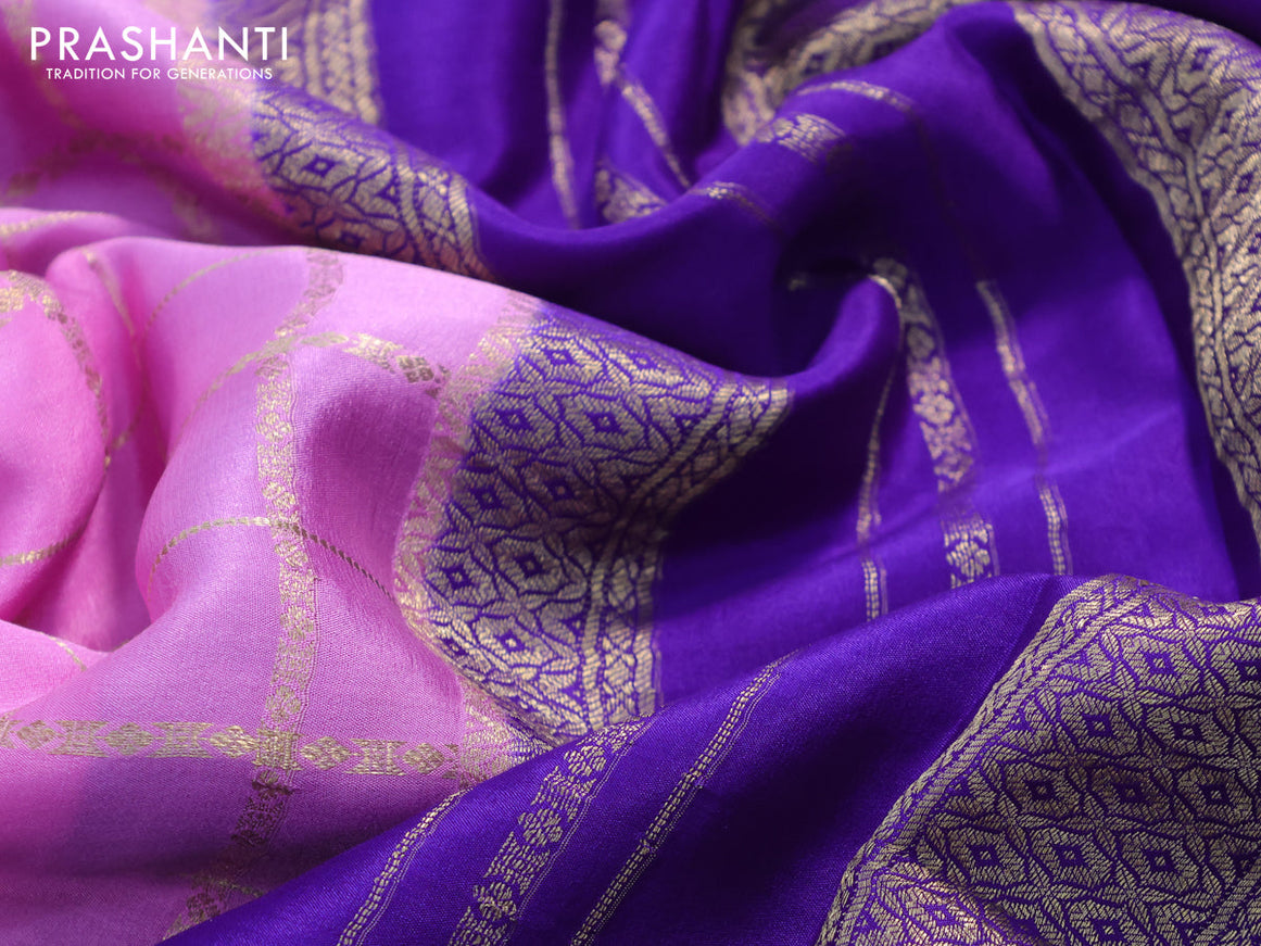 Pure mysore silk saree lotus pink blue and magenta pink with allover zari checked pattern and zari woven border