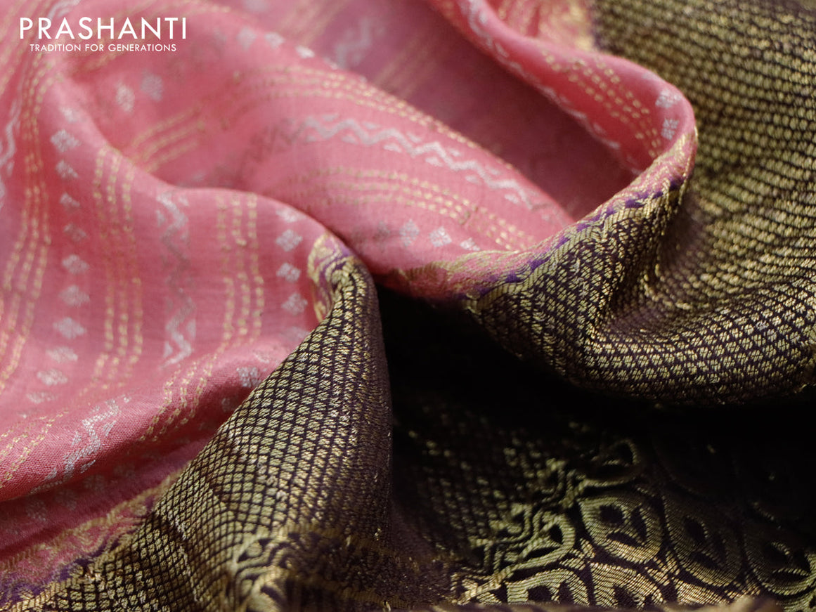 Pure mysore silk saree pastel pink and coffee brown with allover silver & gold zari weaves and zari woven border