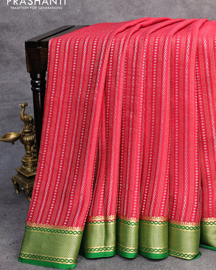 Pure mysore silk saree red and green with allover silver & gold zari weaves and zari woven border