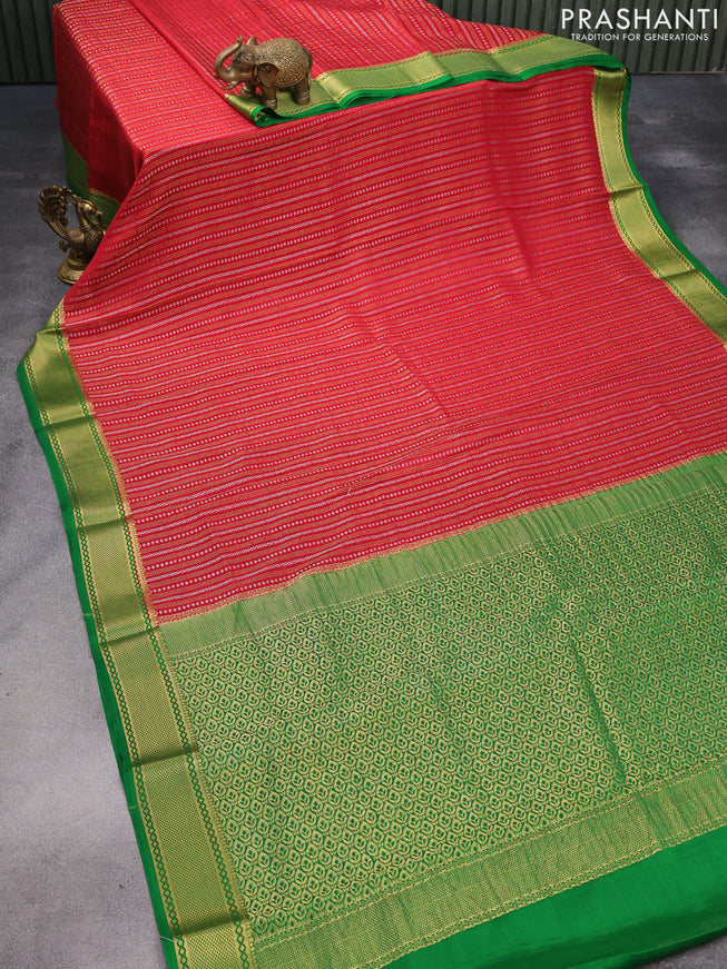 Pure mysore silk saree red and green with allover silver & gold zari weaves and zari woven border