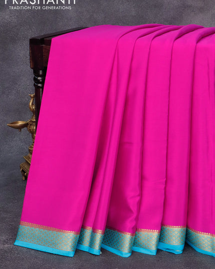 Pure mysore silk saree pink and blue with plain body and zari woven border