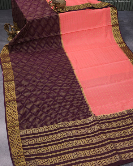 Pure mysore silk saree peach shade and wine shade with half & half style and zari woven border