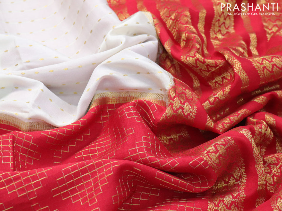 Pure mysore silk saree off white and red with half & half style and zari woven border
