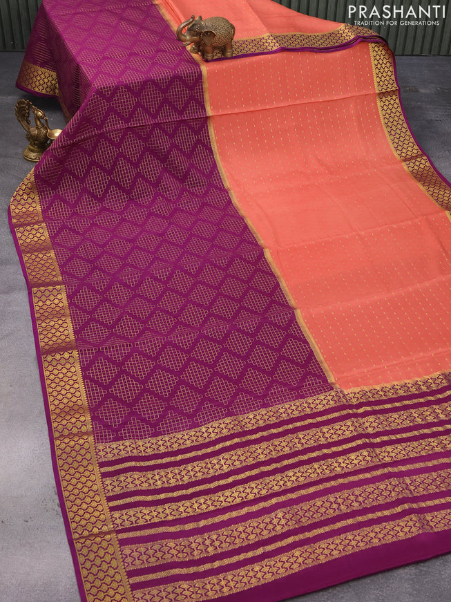 Pure mysore silk saree peach shade and purple with half & half style and zari woven border