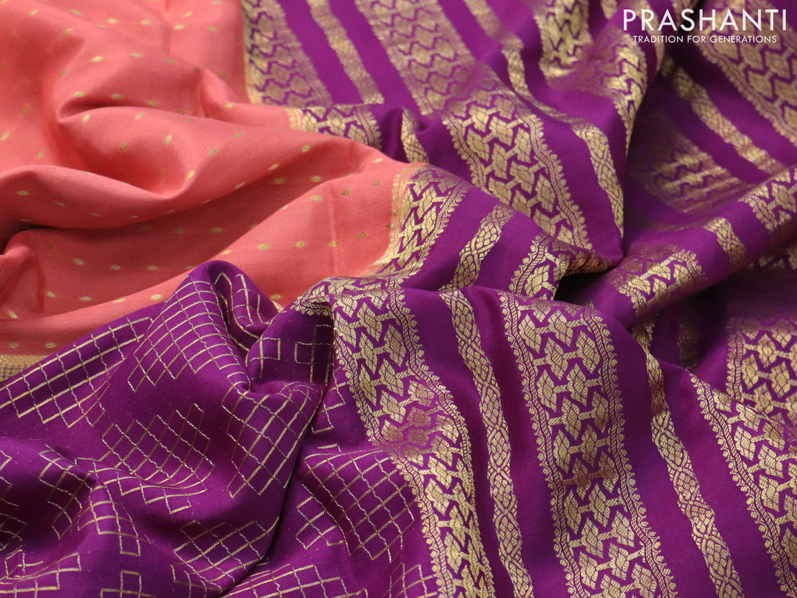 Pure mysore silk saree peach shade and purple with half & half style and zari woven border