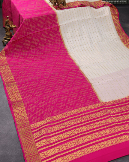 Pure mysore silk saree off white and pink with half & half style and zari woven border