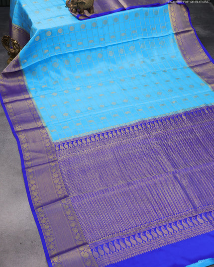 Pure mysore silk saree light pink and royal blue with allover zari checks & buttas and paisley zari woven border
