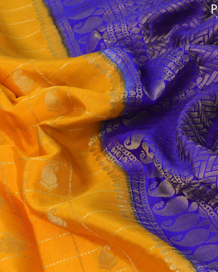 Pure mysore silk saree mango yellow and blue with allover zari checks & buttas and paisley zari woven border