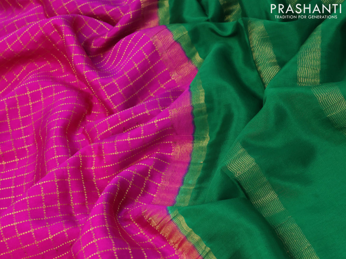 Pure mysore silk saree pink and green with allover zari checked pattern and zari woven border