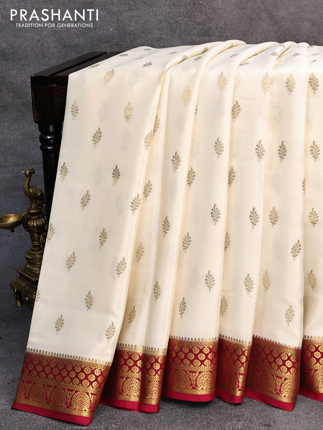 Pure mysore silk saree off white and maroon with zari woven buttas and zari woven border