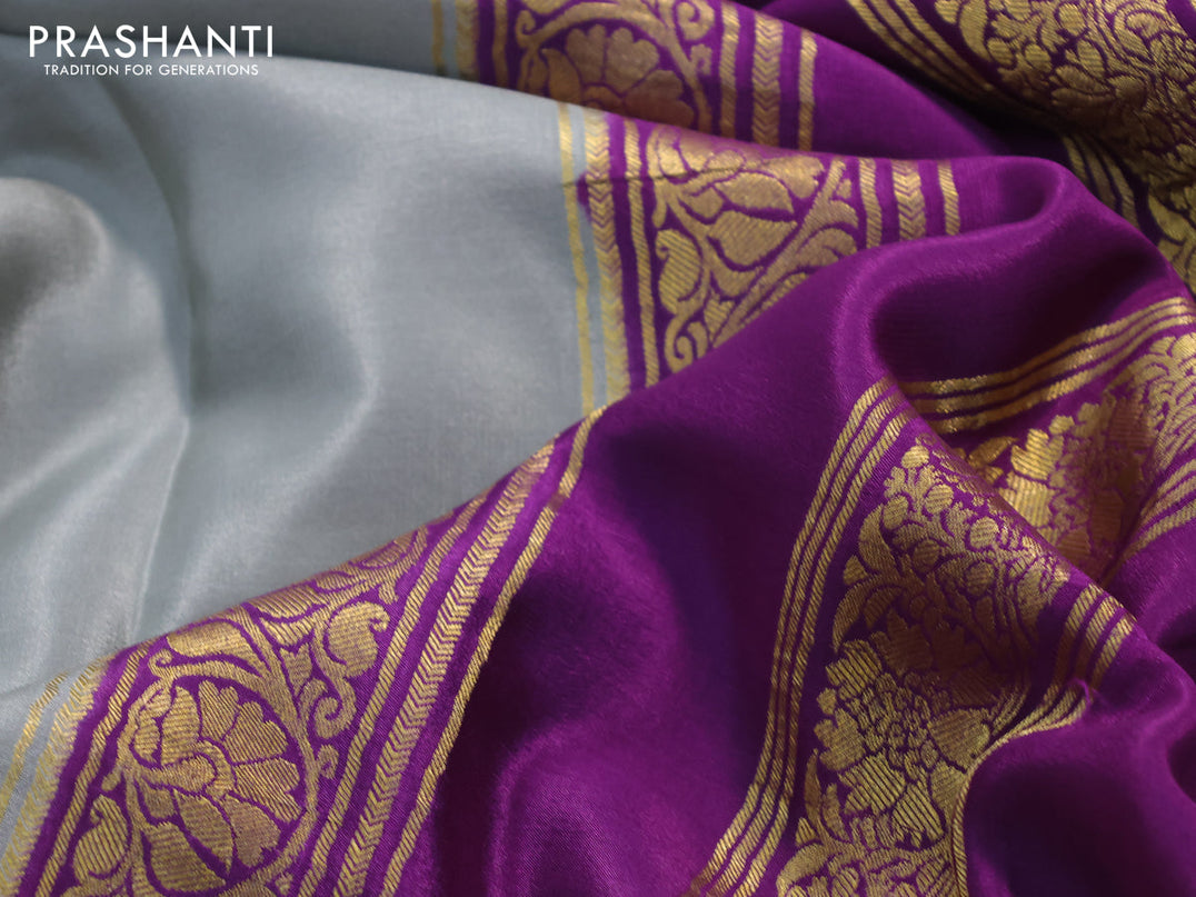 Pure mysore silk saree pastel grey and purple pink with plain body and long zari woven border