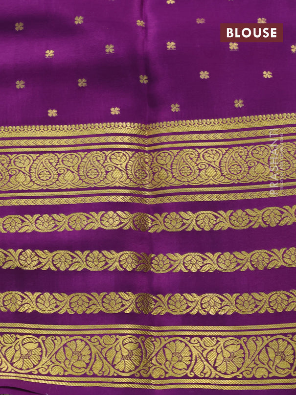 Pure mysore silk saree pastel grey and purple pink with plain body and long zari woven border