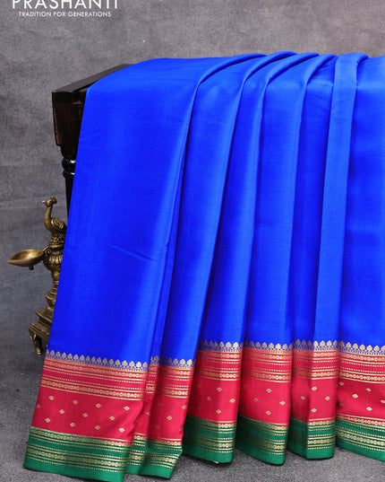 Pure mysore silk saree royal blue and maroon green with plain body and zari woven border