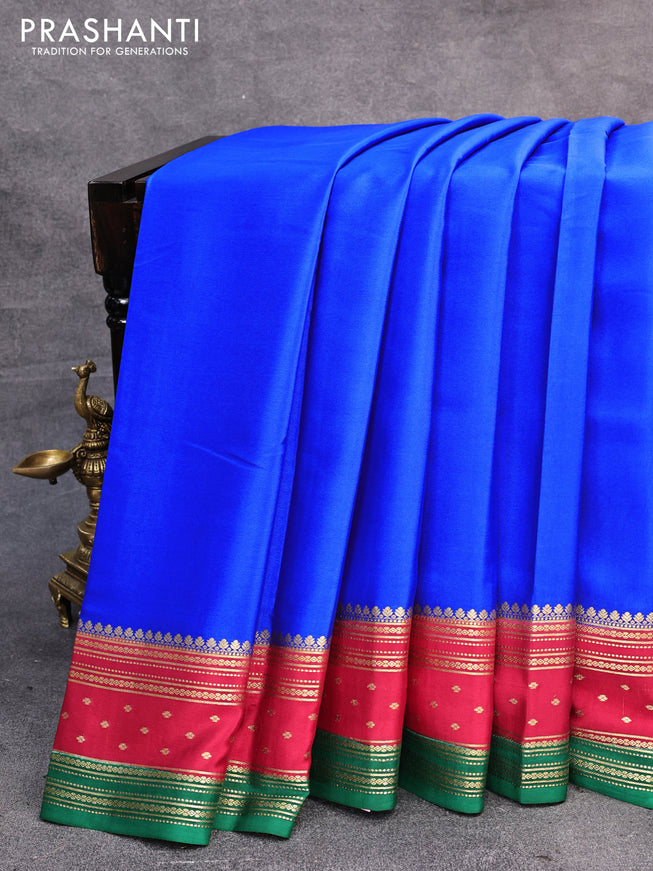 Pure mysore silk saree royal blue and maroon green with plain body and zari woven border