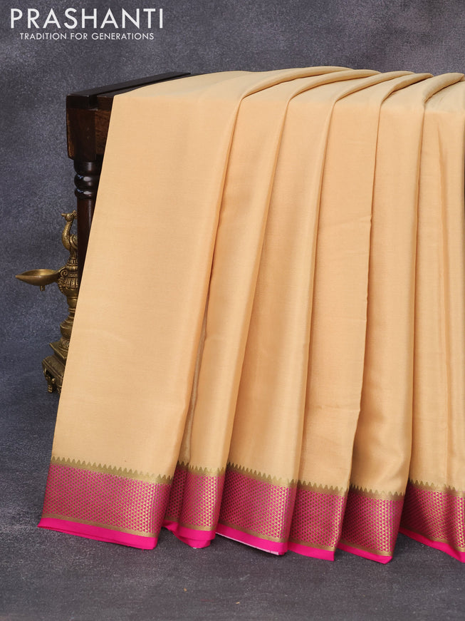 Pure mysore silk saree sandal and pink with plain body and zari woven border