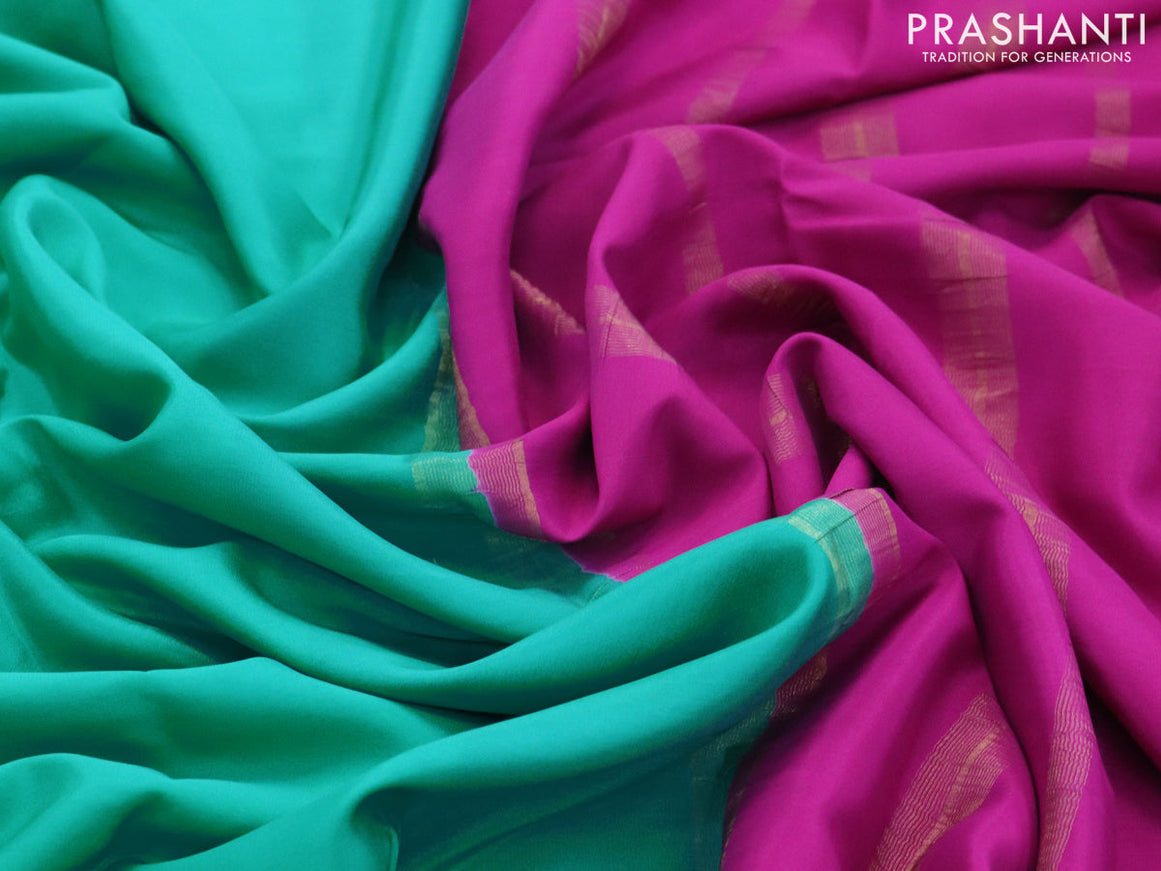 Pure mysore silk saree teal green and magenta pink with plain body and zari woven border