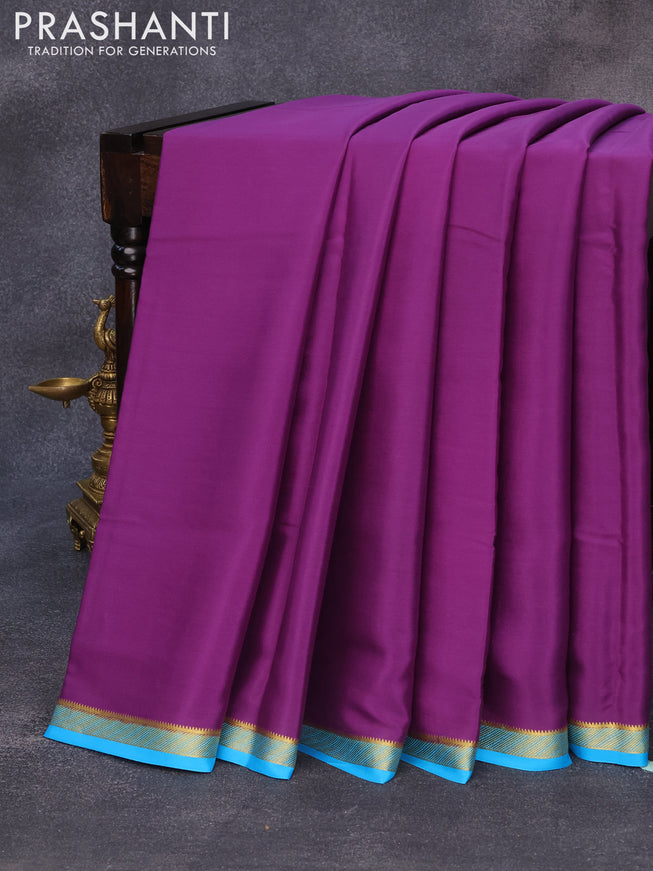 Pure mysore silk saree violet and light blue with plain body and zari woven border