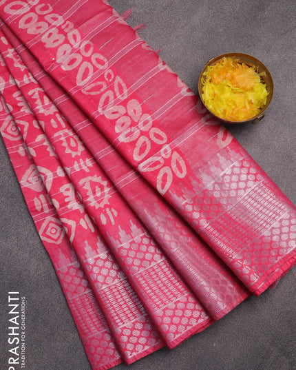 Semi tussar saree pink with allover batik prints and long temple design silver zari woven border