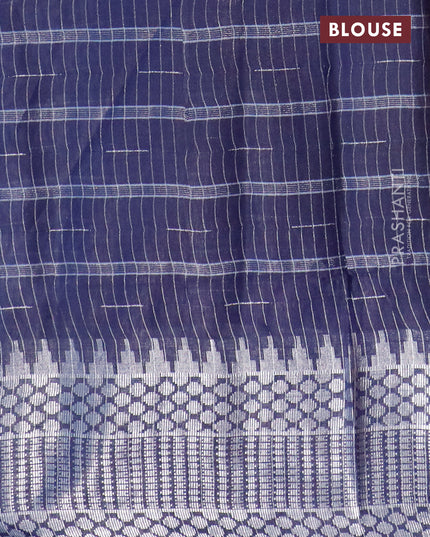 Semi tussar saree navy with allover batik prints and long temple design silver zari woven border