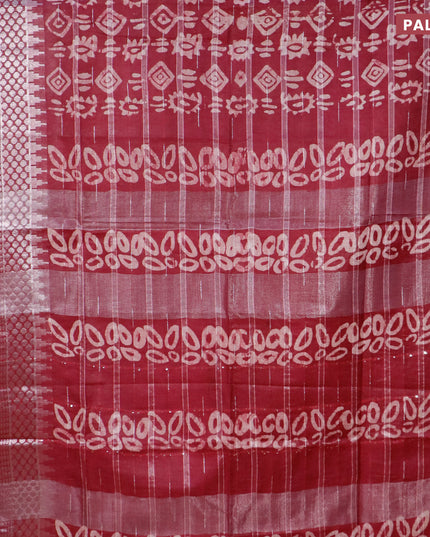 Semi tussar saree maroon with allover batik prints and long temple design silver zari woven border