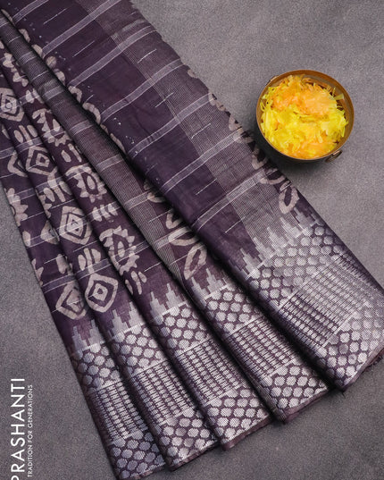 Semi tussar saree wine shade with allover batik prints and long temple design silver zari woven border
