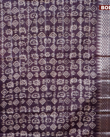 Semi tussar saree wine shade with allover batik prints and long temple design silver zari woven border