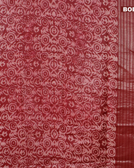 Semi tussar saree dark maroon with allover batik prints and long zari woven border