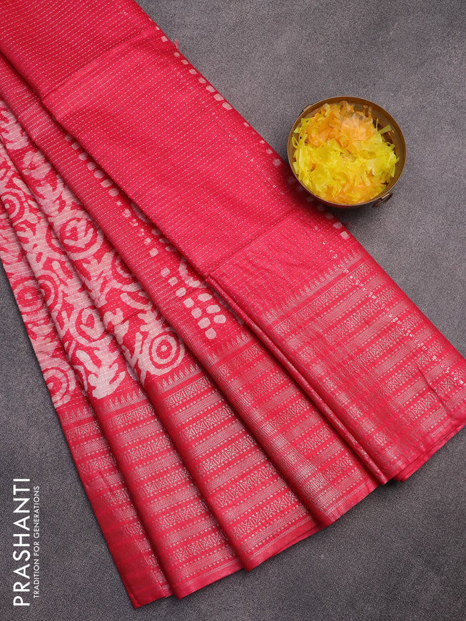 Semi tussar saree pink with allover batik prints and long zari woven border