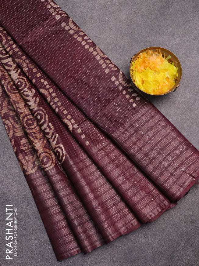 Semi tussar saree dark brown with allover batik prints and long zari woven border