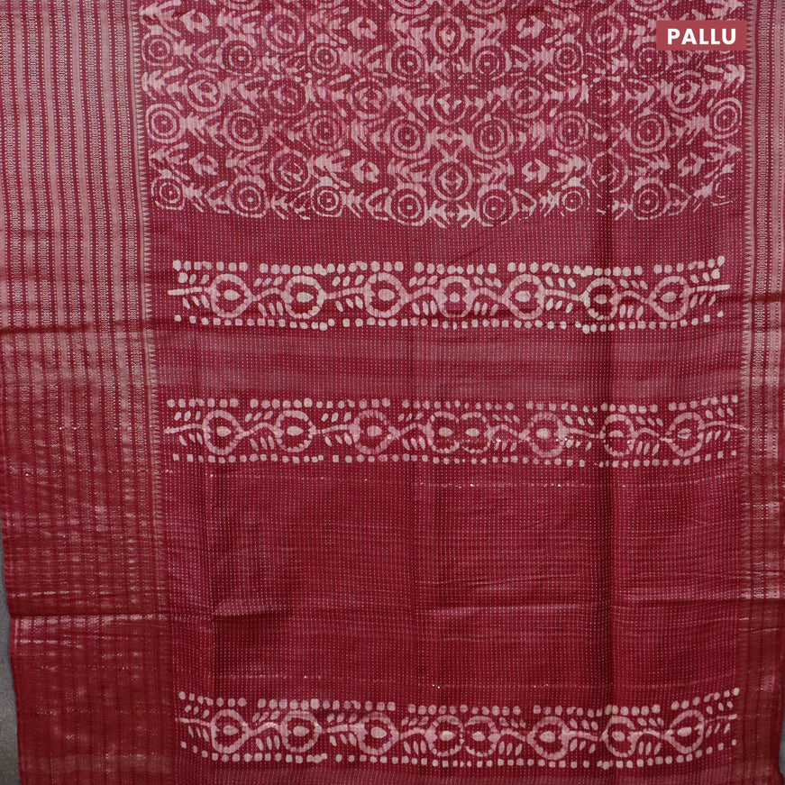 Semi tussar saree dark magenta pink with allover batik prints and long zari woven border