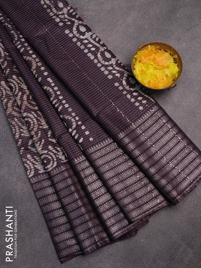 Semi tussar saree deep jamun shade with allover batik prints and long silver zari woven border