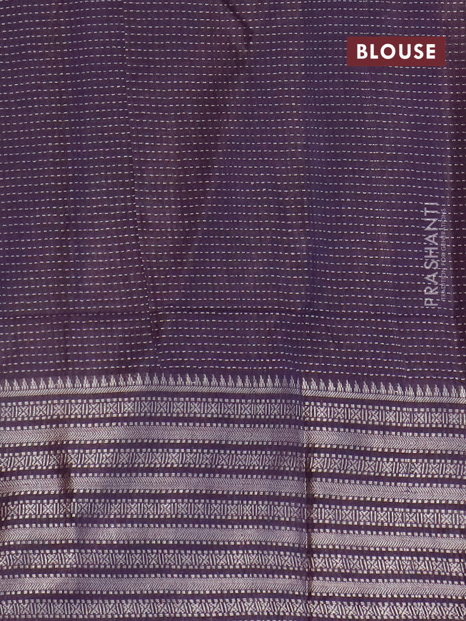Semi tussar saree deep jamun shade with allover batik prints and long silver zari woven border