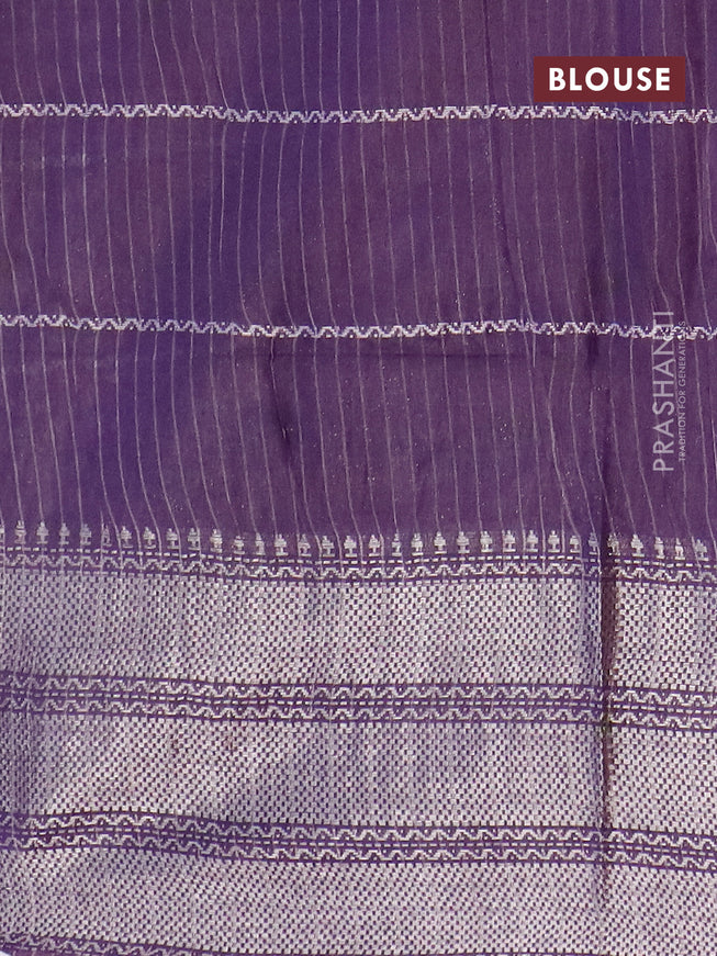 Semi tussar saree deep violet with allover batik prints and long silver zari woven border
