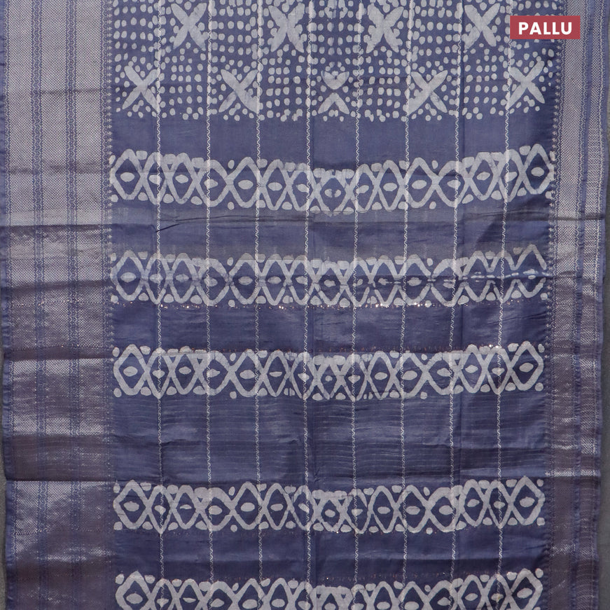 Semi tussar saree grey with allover batik prints and long silver zari woven border