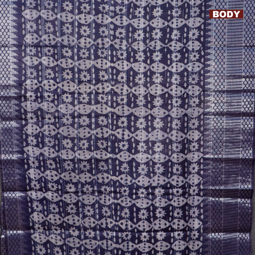 Semi tussar saree navy blue and off white with allover batik prints and long temple design silver zari woven border