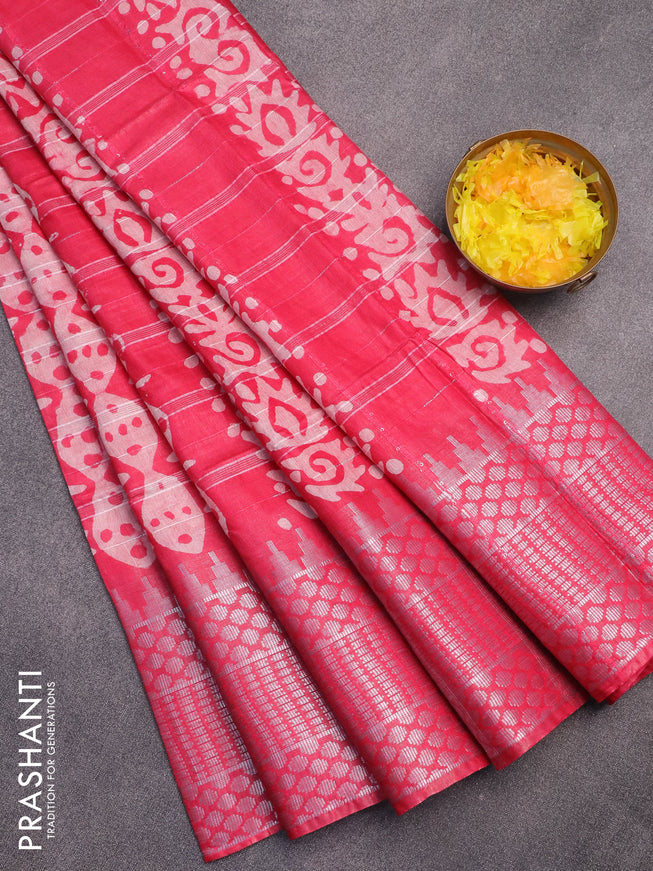 Semi tussar saree pink and off white with allover batik prints and long temple design silver zari woven border