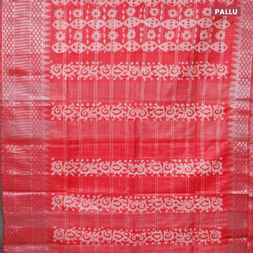 Semi tussar saree pink and off white with allover batik prints and long temple design silver zari woven border