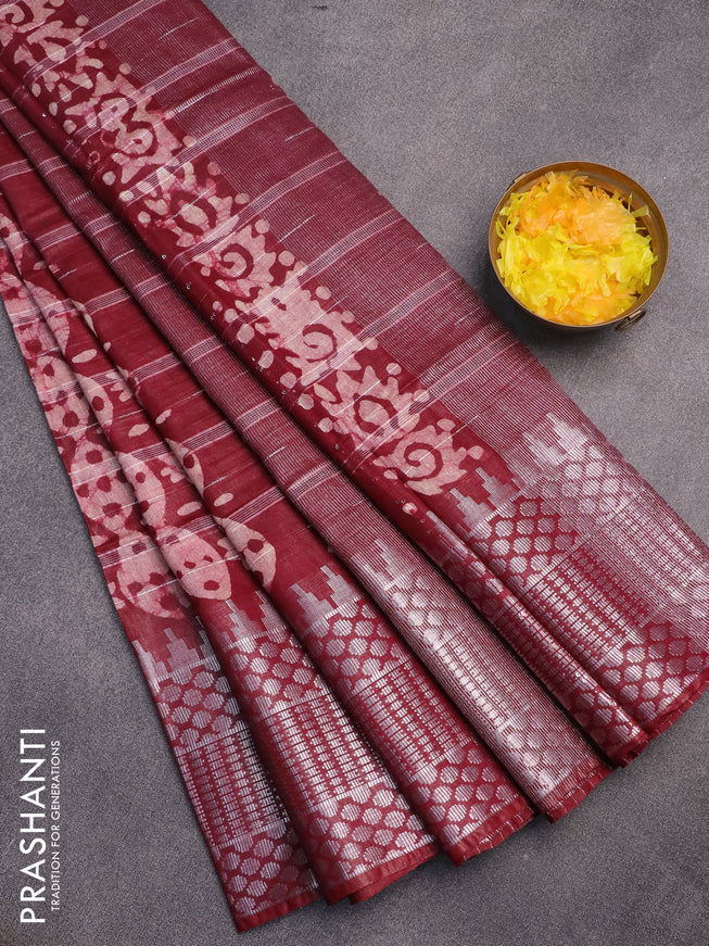 Semi tussar saree dark maroon and beige with allover batik prints and long temple design silver zari woven border