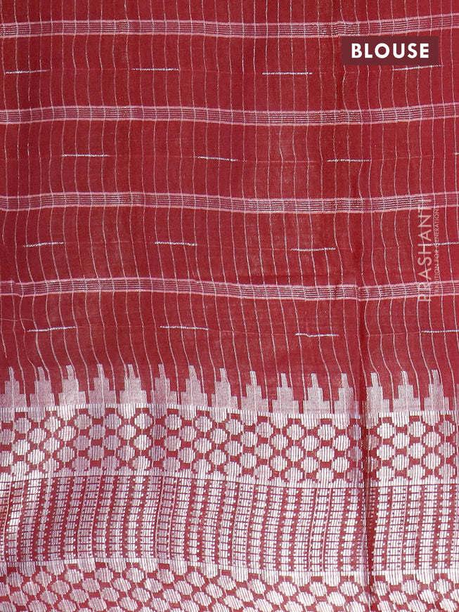 Semi tussar saree dark maroon and beige with allover batik prints and long temple design silver zari woven border