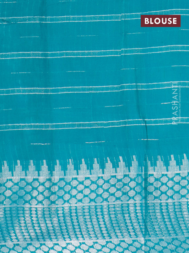 Semi tussar saree teal green and off white with allover batik prints and long temple design silver zari woven border