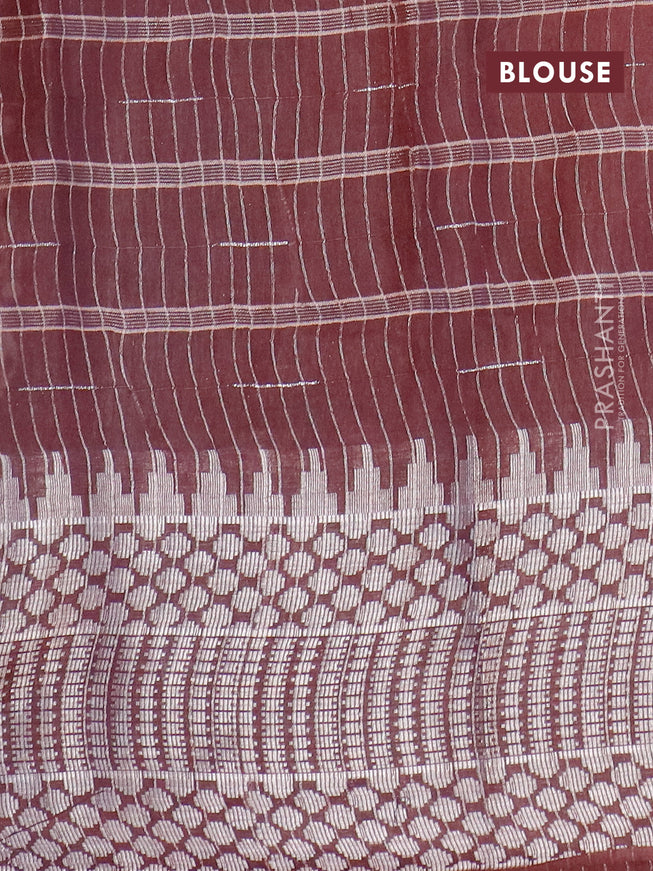 Semi tussar saree coffee brown and beige with allover batik prints and long temple design silver zari woven border